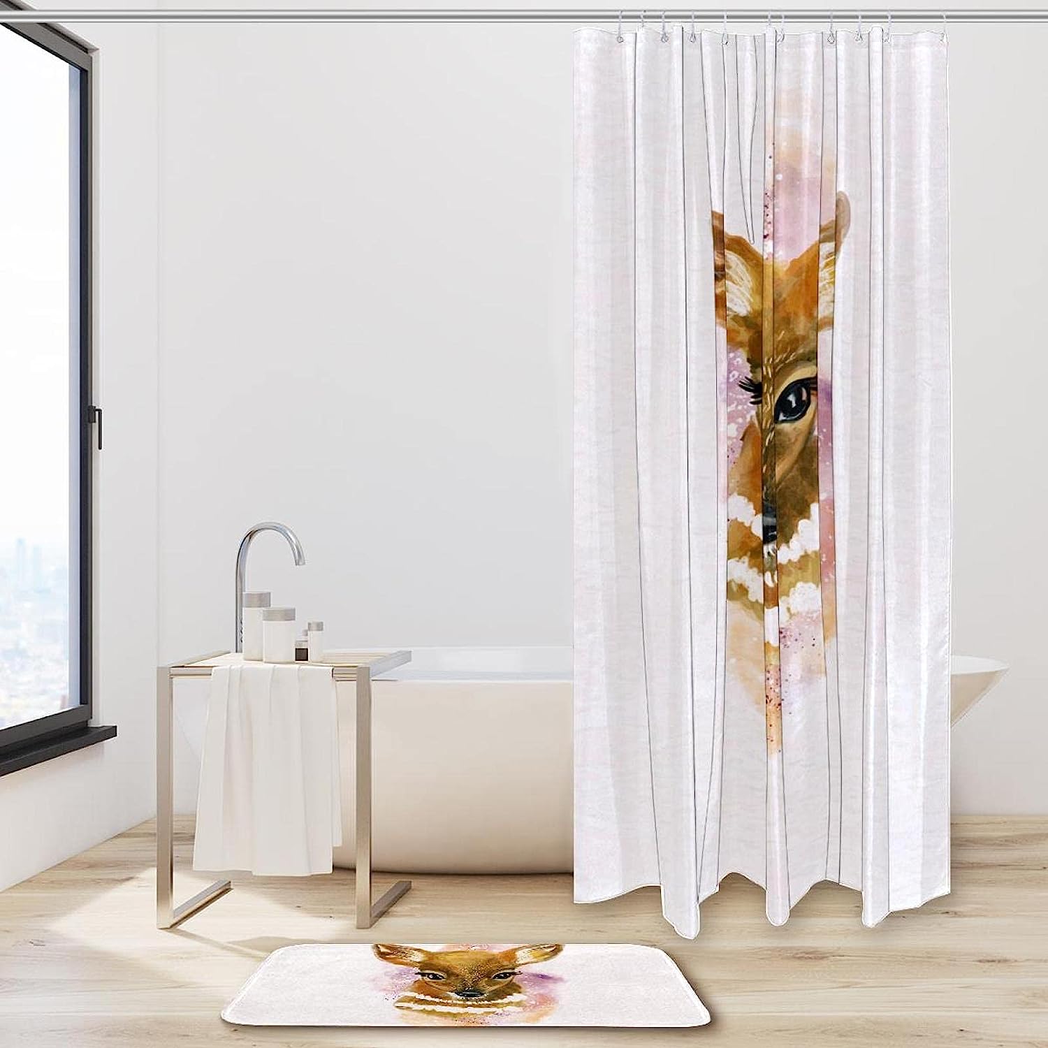 Lovely Watercolor Deer Printed Bathroom Tub Set With Waterproof Fabric Shower Curtain - Image 2