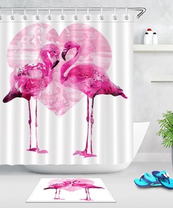 Lovely Watercolor Pink Love Flamingos Shower Curtain - Romantic and Beautiful Bathroom Decor - Waterproof Curtain
