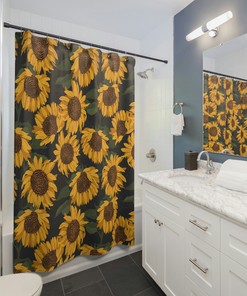 Lovely Yellow Blooming Sunflower on Gray Shower Curtain for Bathroom Decor