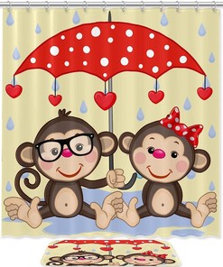 Lover Cartoon Monkey Rainy Umbrella Valentine's Day Shower Curtain for Bathroom