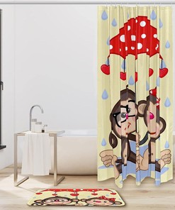 Lover Cartoon Monkey Rainy Umbrella Valentine's Day Shower Curtain for Bathroom