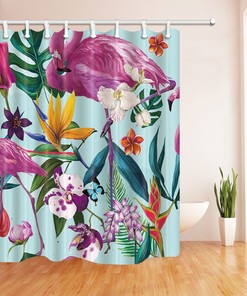 Loving Flamingo in Flower Bathroom Shower Curtain Fabric - Luxury Shower Curtains