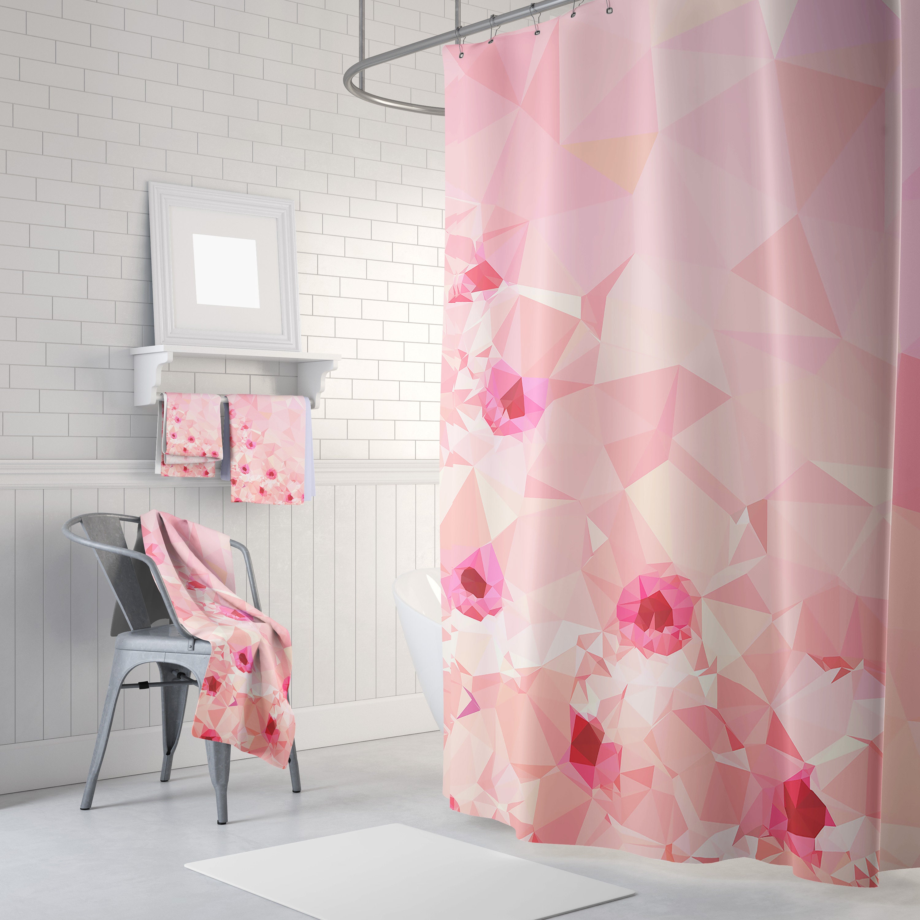 Low Poly Polygon Geometric Shower Curtain with Mosaic Rose Pattern for a Modern Bathroom