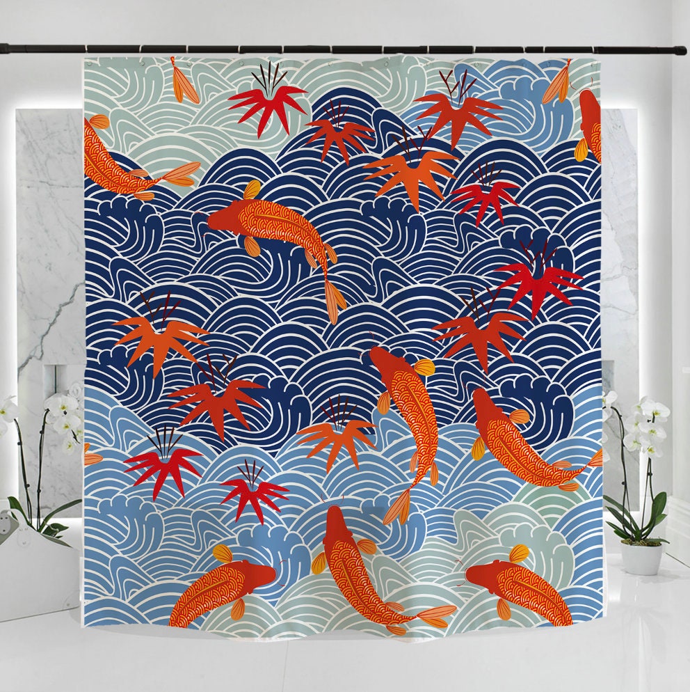 Lucky Fish in the Ocean Japanese Art Print Shower Curtain for Bathroom Decor