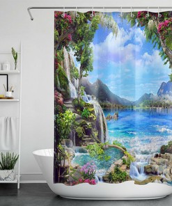 Luminous Iandscape Vine Leaf Flowers Waterfall Shower Curtain for Bathroom Decor