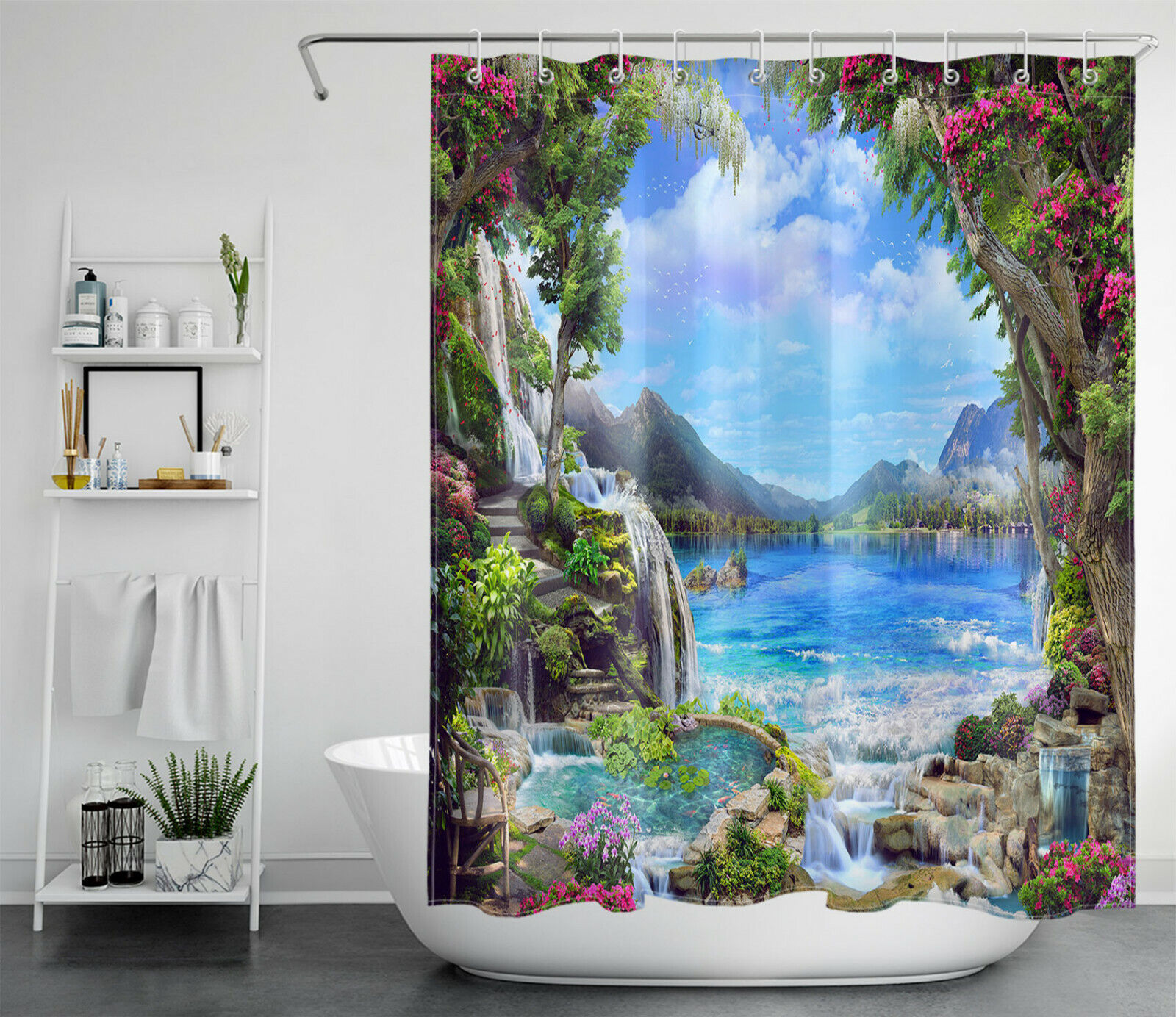 Luminous Iandscape Vine Leaf Flowers Waterfall Shower Curtain for Bathroom Decor