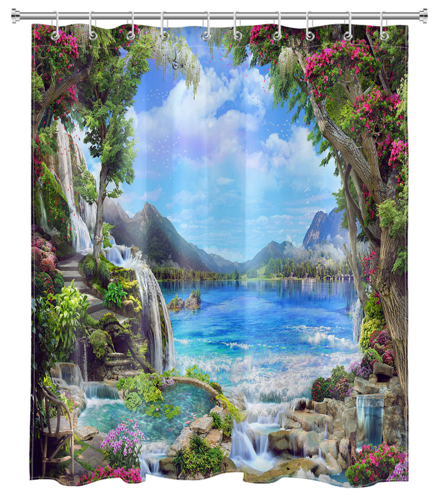 Luminous Iandscape Vine Leaf Flowers Waterfall Shower Curtain for Bathroom Decor