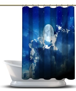 Luminous Moon with Full Clouds and Stars Night Shower Curtain for a Mystical Bathroom