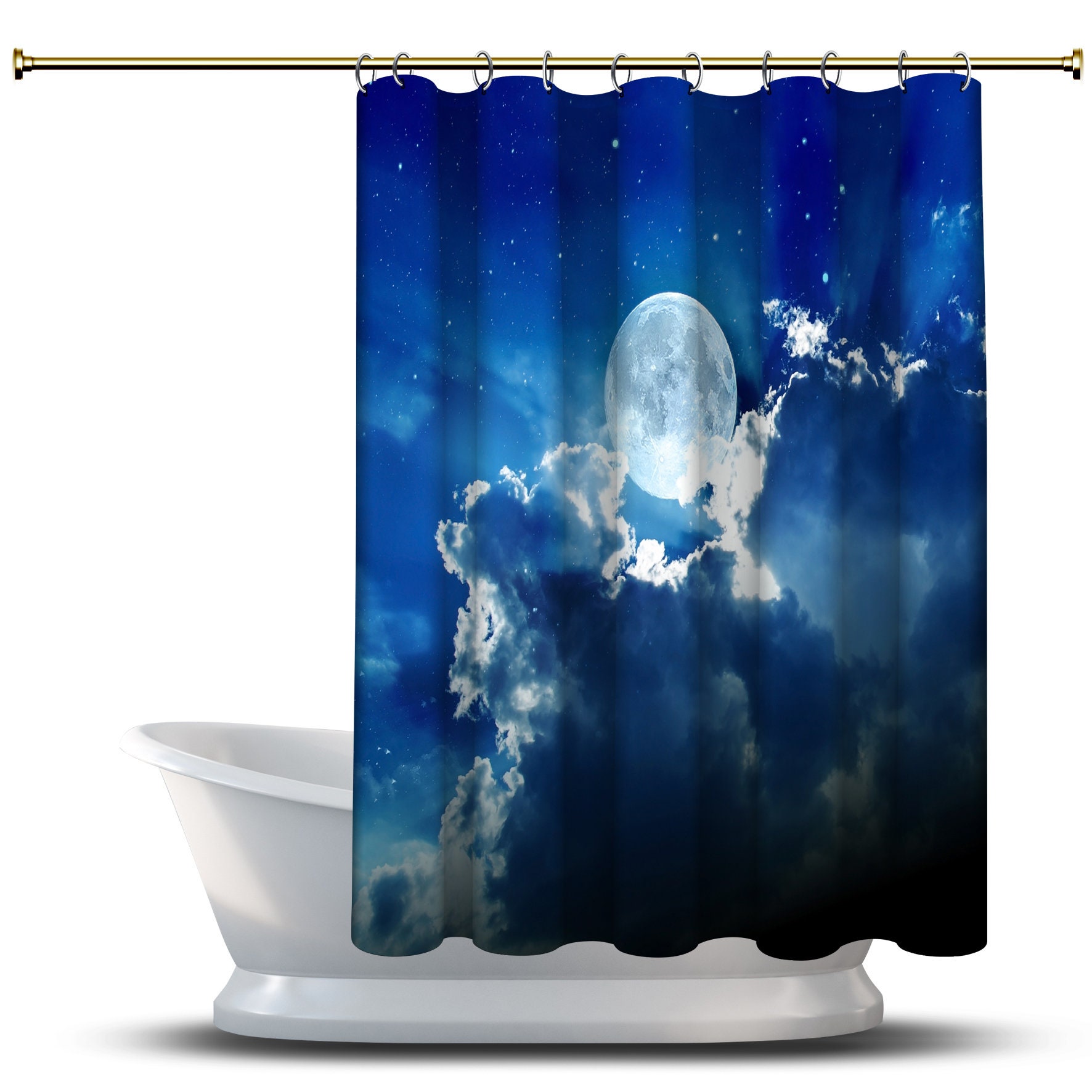 Luminous Moon with Full Clouds and Stars Night Shower Curtain for a Mystical Bathroom