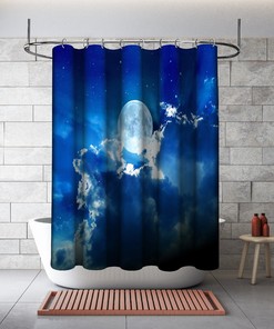 Luminous Moon with Full Clouds and Stars Night Shower Curtain for a Mystical Bathroom