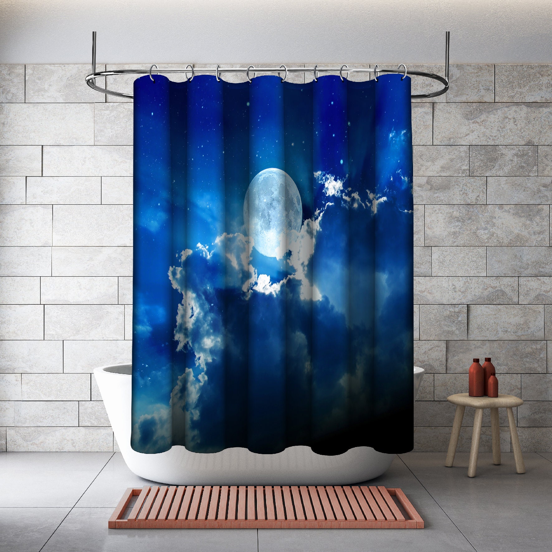 Luminous Moon with Full Clouds and Stars Night Shower Curtain for a Mystical Bathroom