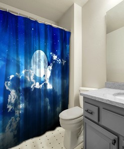 Luminous Moon with Full Clouds and Stars Night Shower Curtain for a Mystical Bathroom