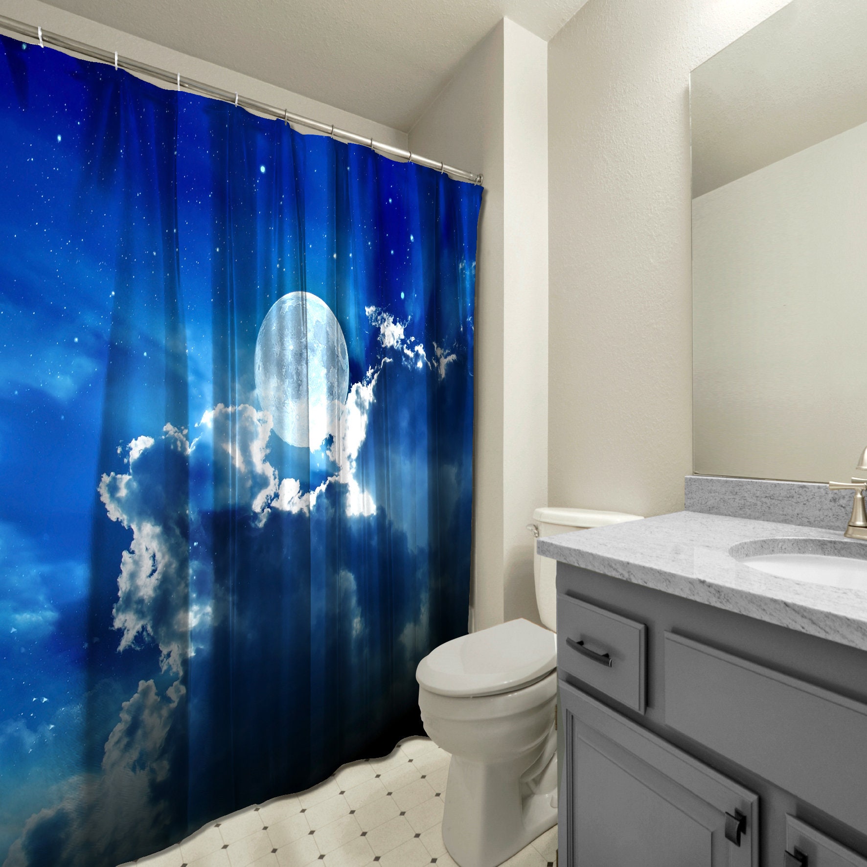 Luminous Moon with Full Clouds and Stars Night Shower Curtain for a Mystical Bathroom