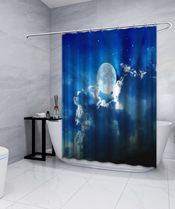 Luminous Moon with Full Clouds and Stars Night Shower Curtain for a Mystical Bathroom