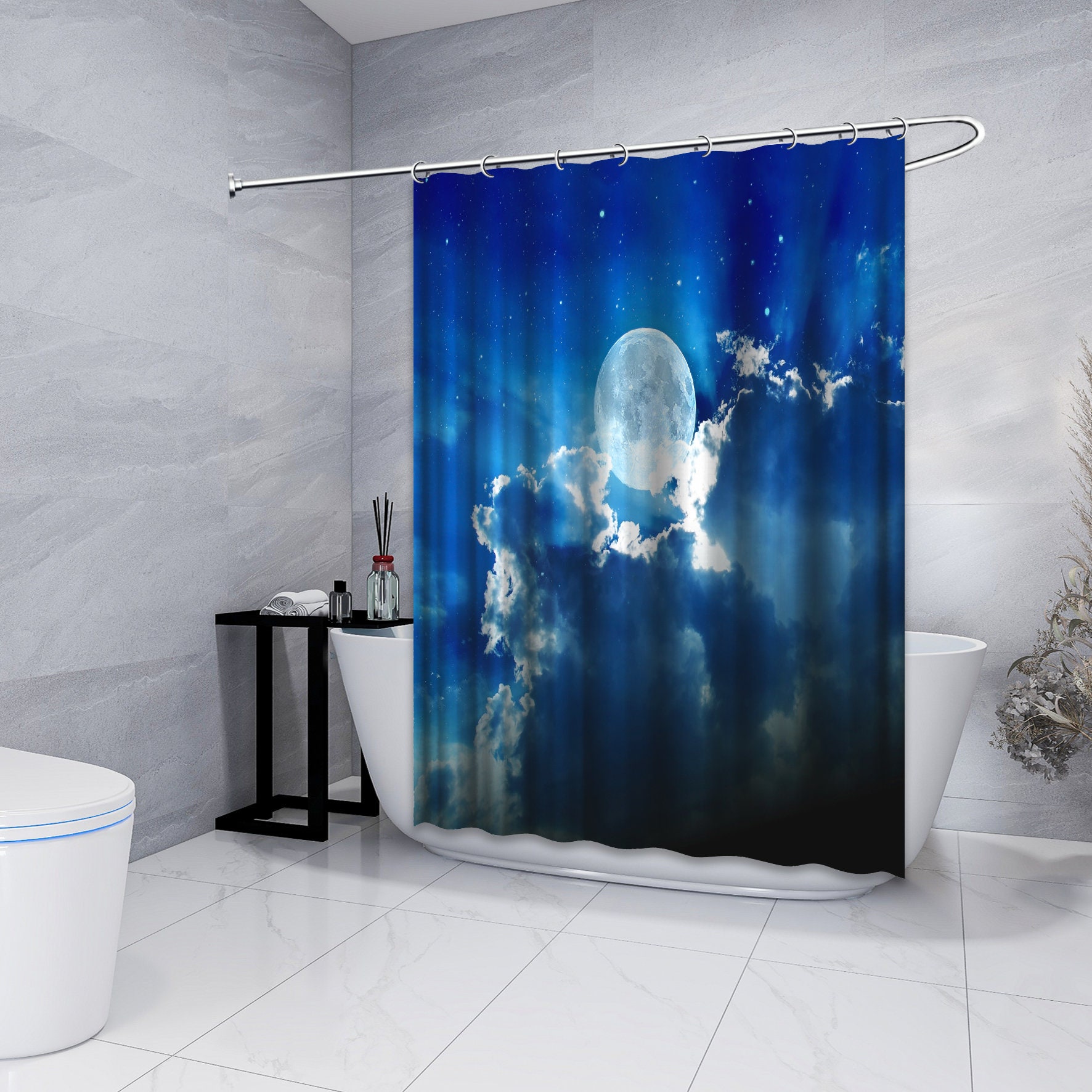 Luminous Moon with Full Clouds and Stars Night Shower Curtain for a Mystical Bathroom