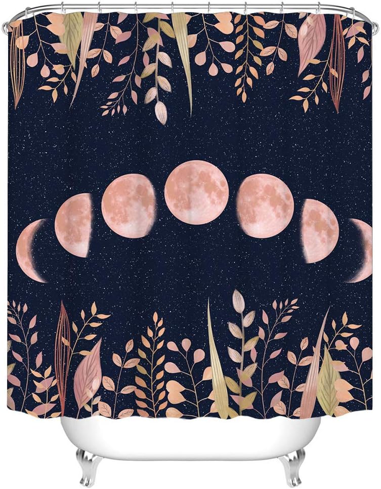 Lunar and Leafy: Moon Phase Shower Curtain for Space-Inspired Bathroom Decor