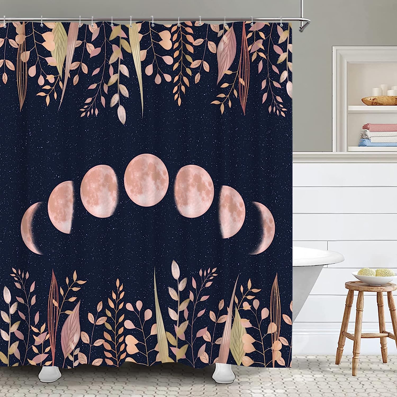 Lunar and Leafy: Moon Phase Shower Curtain for Space-Inspired Bathroom Decor