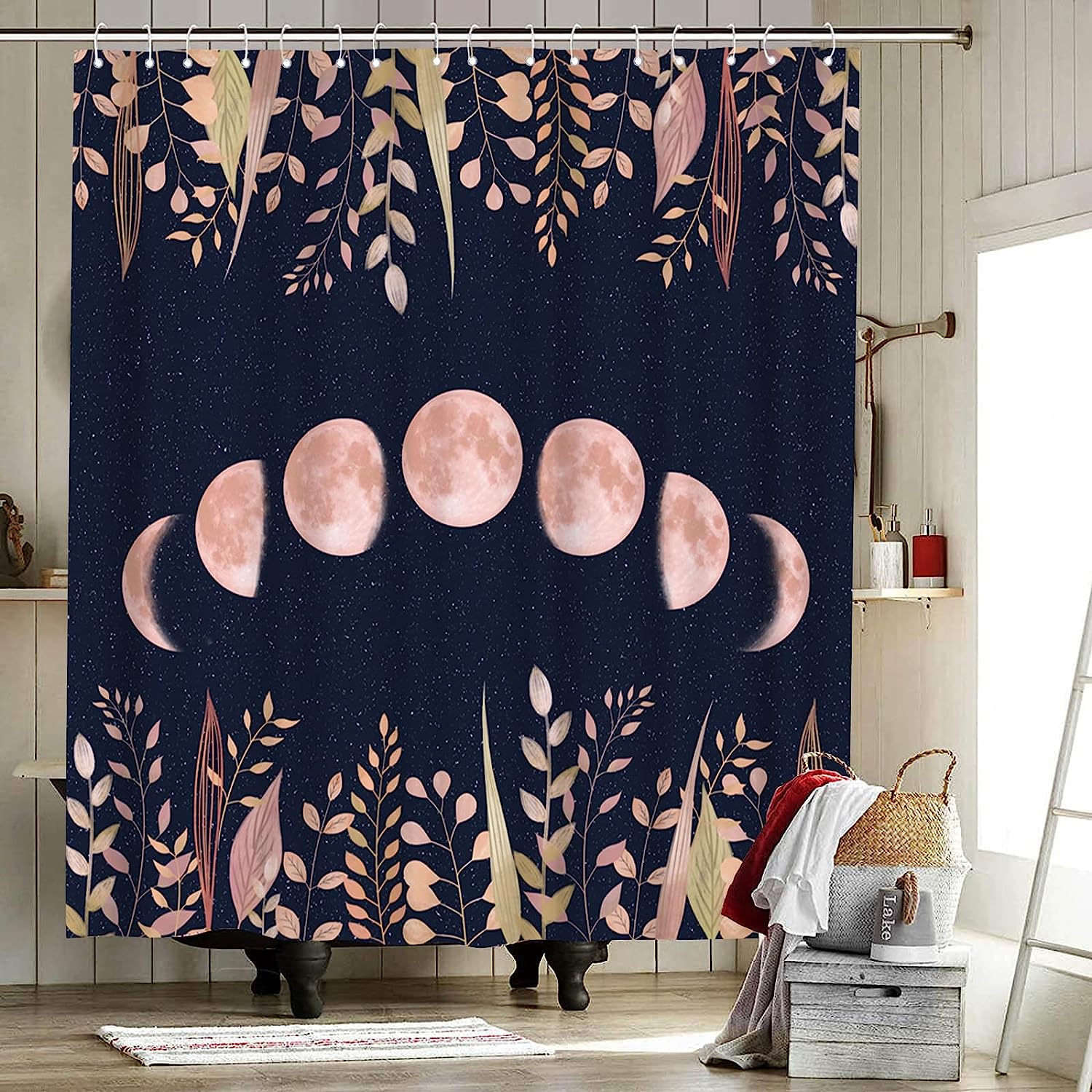 Lunar and Leafy: Moon Phase Shower Curtain for Space-Inspired Bathroom Decor