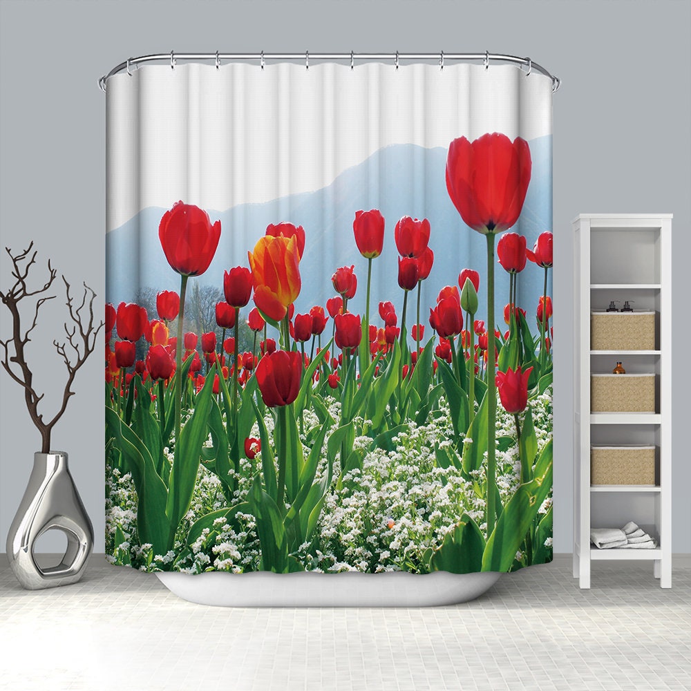 Lush Red Tulips Garden Rose Shower Curtain - Elegant Floral Bathroom Decor