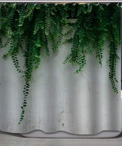 Lush Vine Green Leaves Ivy Plant On Grey Background Designer Cloth Print Shower Curtains, Decorative Bathroom 