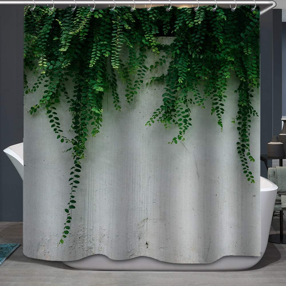 Lush Vine Green Leaves Ivy Plant On Grey Background Designer Cloth Print Shower Curtains, Decorative Bathroom
