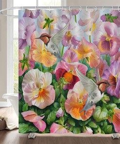 Luxury Hummingbird and Flowers Fabric Shower Curtain with Colorful Petal Print