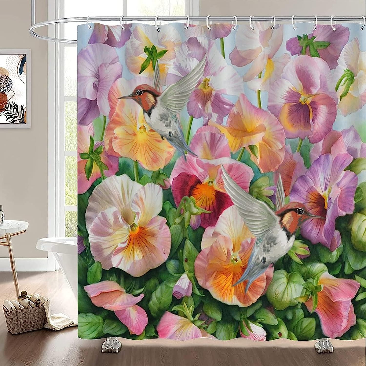 Luxury Hummingbird and Flowers Fabric Shower Curtain with Colorful Petal Print