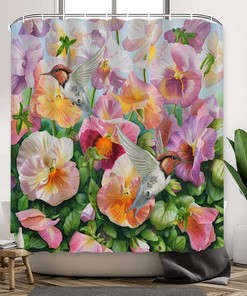 Luxury Hummingbird and Flowers Fabric Shower Curtain with Colorful Petal Print