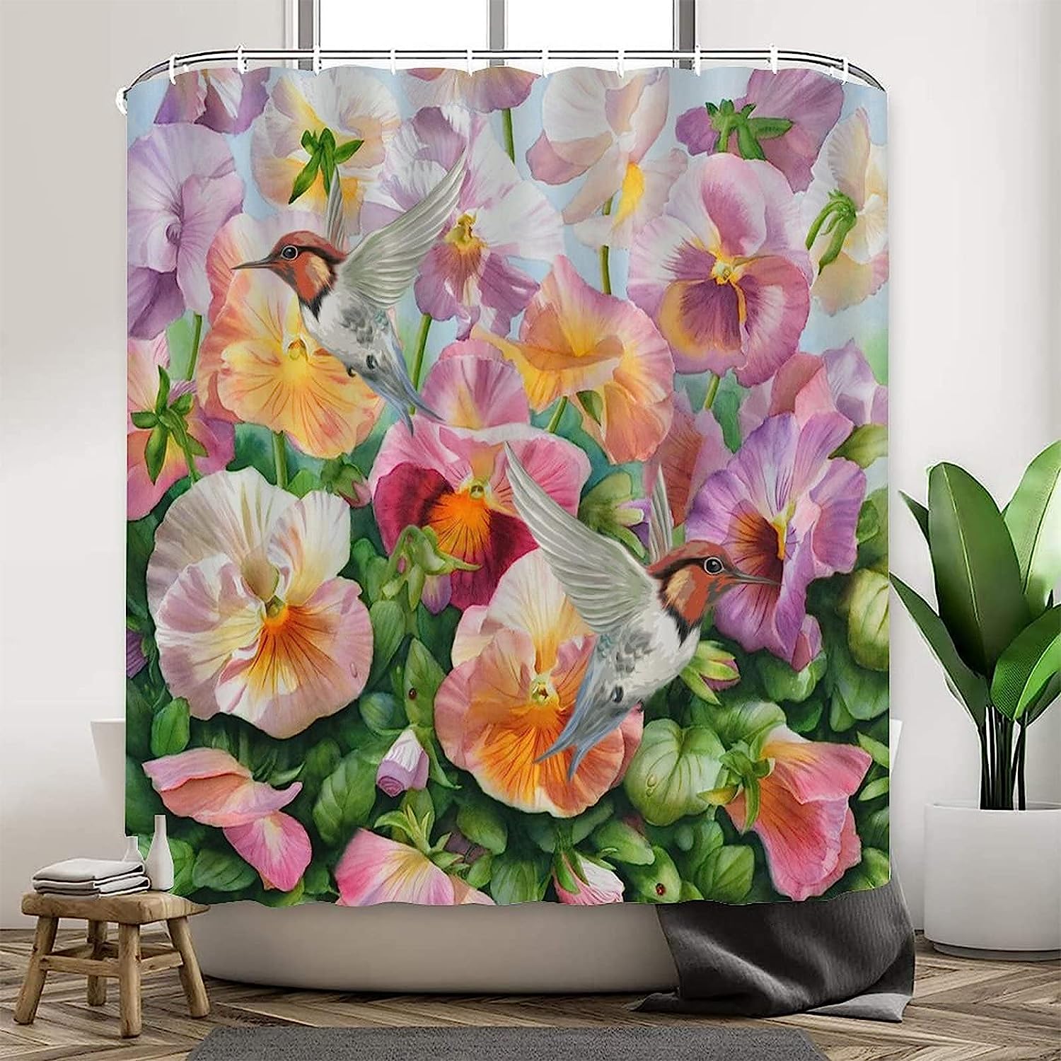 Luxury Hummingbird and Flowers Fabric Shower Curtain with Colorful Petal Print