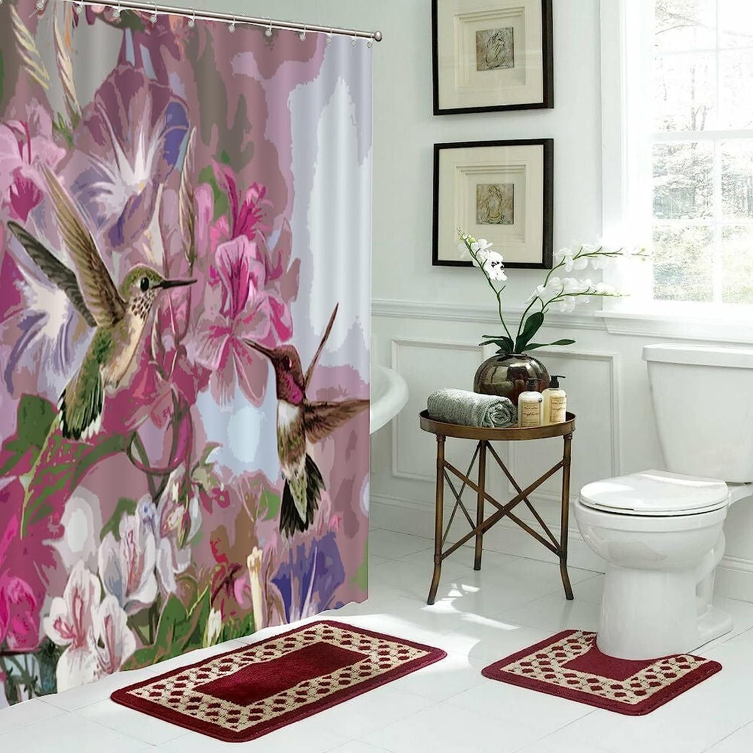Luxury Hummingbird and Flowers Shower Curtain with Birds Lover Print