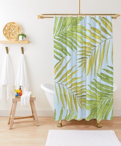 Luxury Shower Curtains - Palms Against the Sky Green Yellow Light Blue Restroom Decor