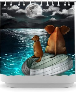 LyerArtork Full Moon Shower Curtain featuring Elephant and Dog Sitting on Blue Sea