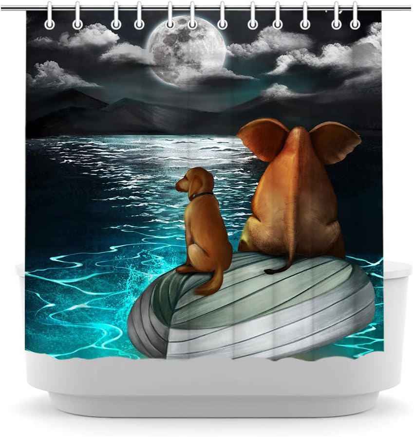 LyerArtork Full Moon Shower Curtain featuring Elephant and Dog Sitting on Blue Sea