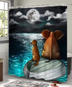 LyerArtork Full Moon Shower Curtain featuring Elephant and Dog Sitting on Blue Sea