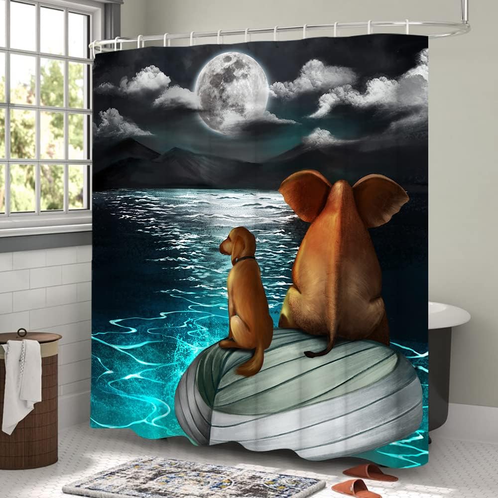 LyerArtork Full Moon Shower Curtain featuring Elephant and Dog Sitting on Blue Sea