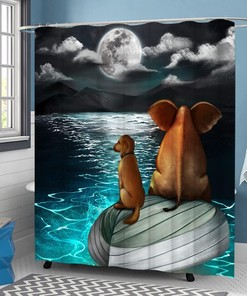 LyerArtork Full Moon Shower Curtain featuring Elephant and Dog Sitting on Blue Sea
