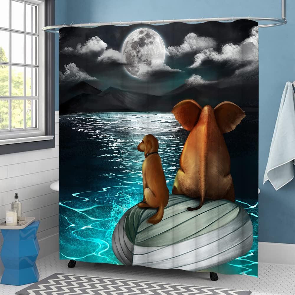 LyerArtork Full Moon Shower Curtain featuring Elephant and Dog Sitting on Blue Sea