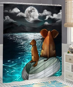 LyerArtork Full Moon Shower Curtain featuring Elephant and Dog Sitting on Blue Sea