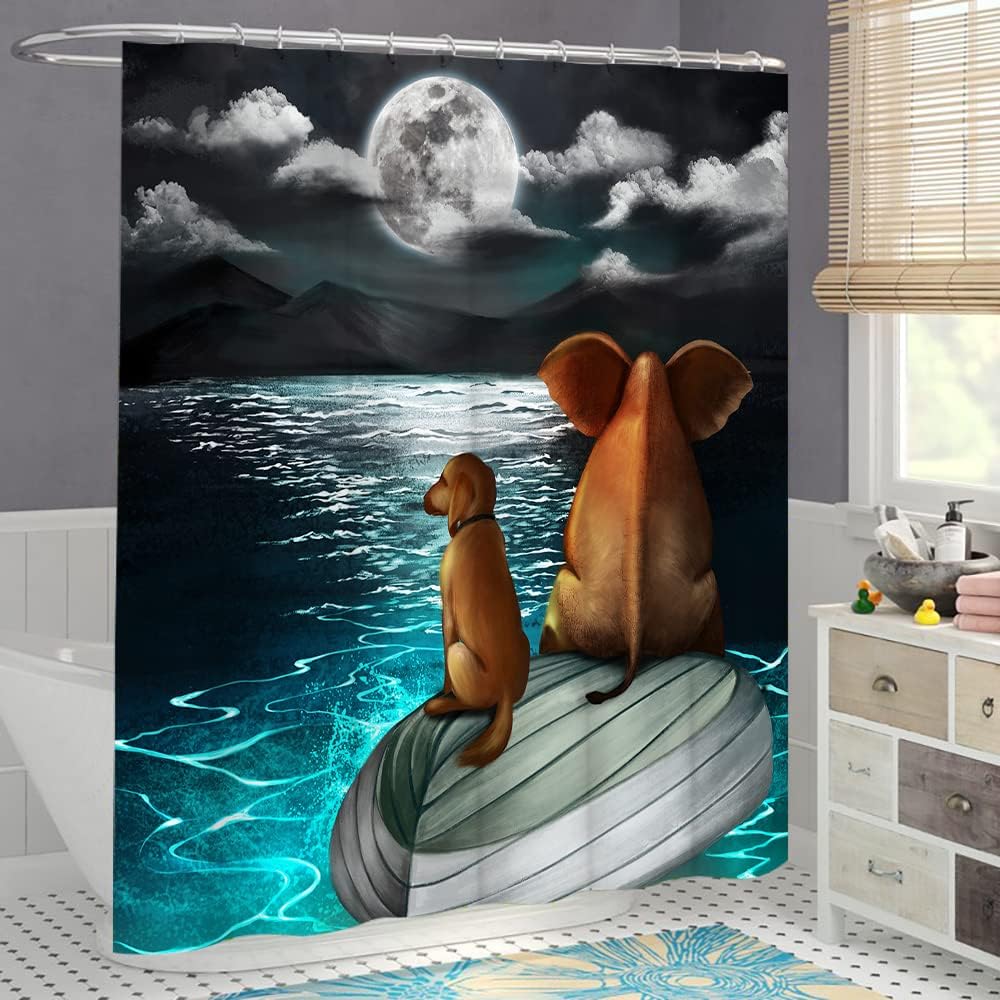 LyerArtork Full Moon Shower Curtain featuring Elephant and Dog Sitting on Blue Sea