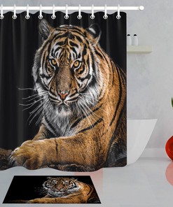 Lying Tiger Shower Curtain In Black Background, Perfect For Any Wildlife-Themed Bathroom Decor