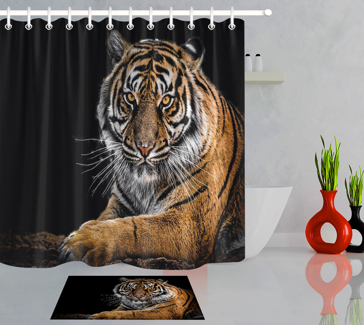 Lying Tiger Shower Curtain In Black Background, Perfect For Any Wildlife-Themed Bathroom Decor