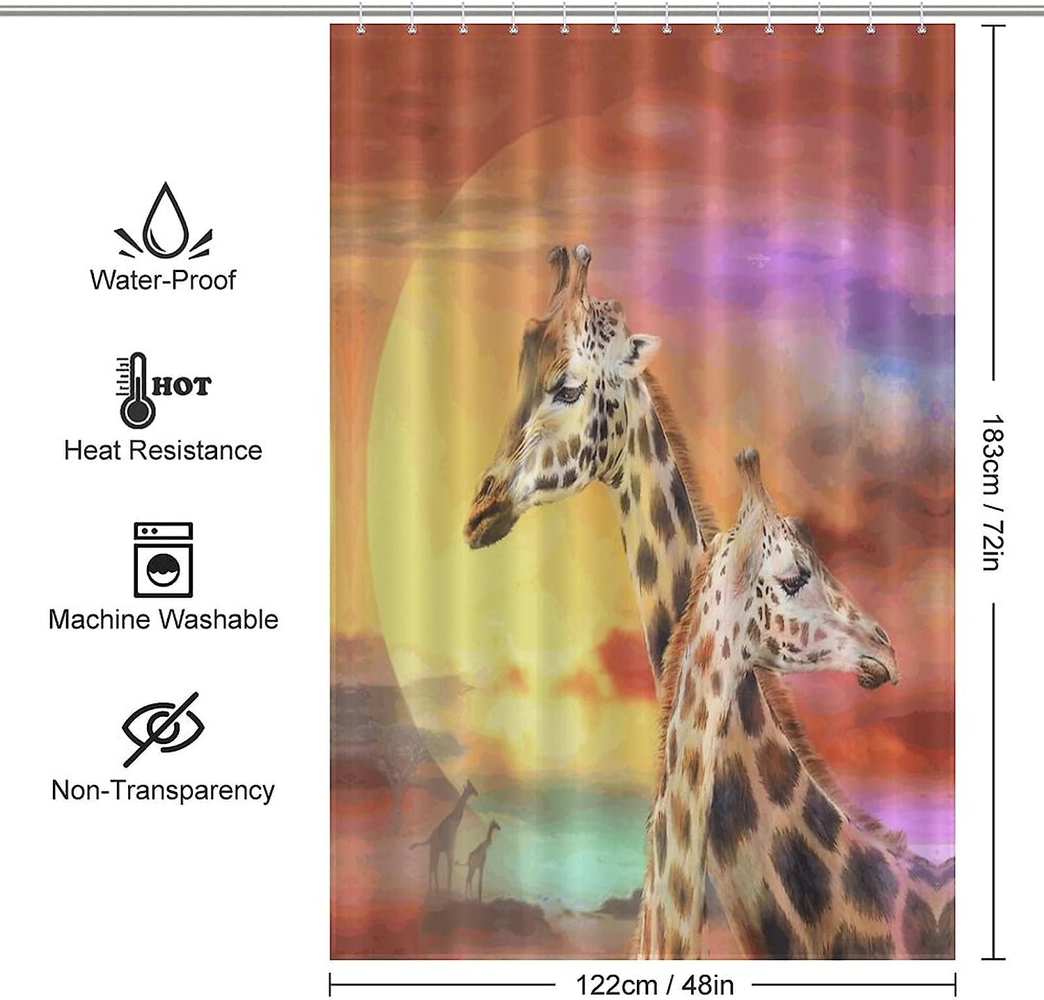 Machine Washable Fabric Shower Curtain With Colorful Giraffe Print And Rustproof Hooks, Perfect For Bathroom Decor - Image 2