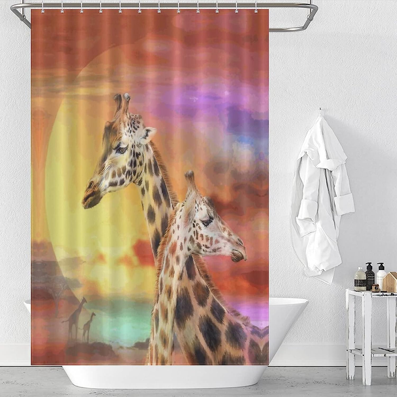 Machine Washable Fabric Shower Curtain With Colorful Giraffe Print And Rustproof Hooks, Perfect For Bathroom Decor - Image 3