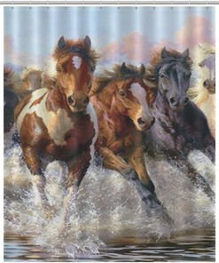 Machine Washable Horse Shower Curtain with Oil Painting Fabric and Rustproof Hooks for Bathroom Decor - Unbranded