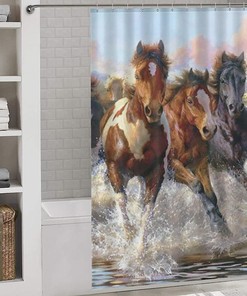 Machine Washable Horse Shower Curtain with Oil Painting Fabric and Rustproof Hooks for Bathroom Decor - Unbranded