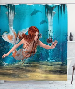 Magic Aqua Sea Lily Mermaid Shower Curtain for Bathroom Decor