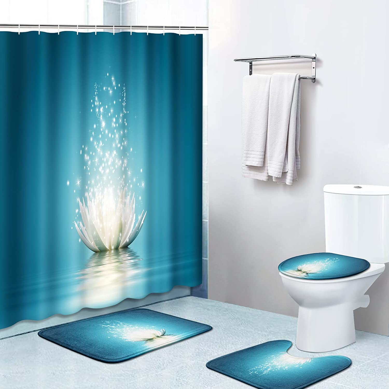 Magic Lotus Flower Turquoise Zen Shower Curtain Set Decorative