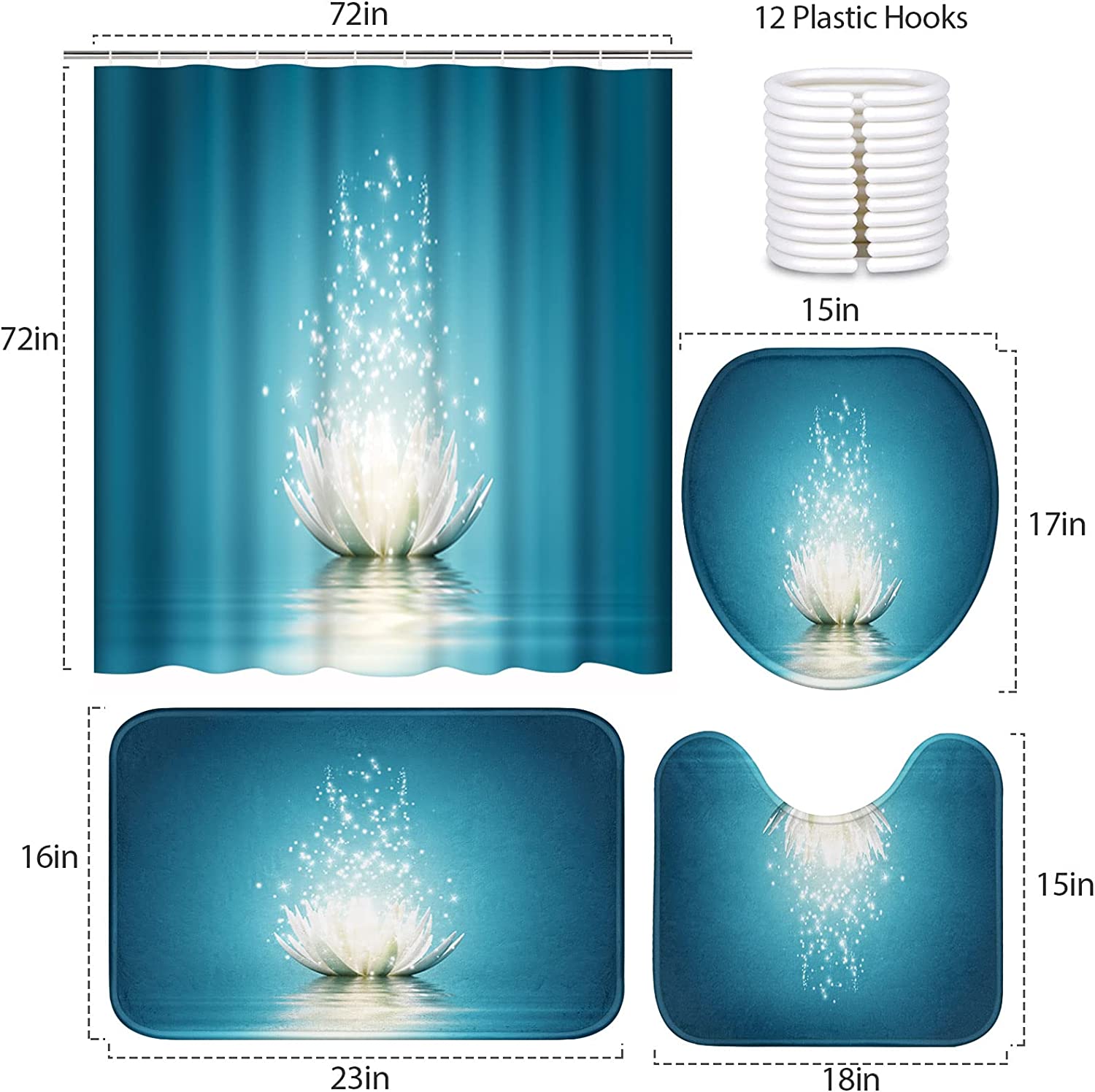 Magic Lotus Flower Turquoise Zen Shower Curtain Set Decorative - Image 2