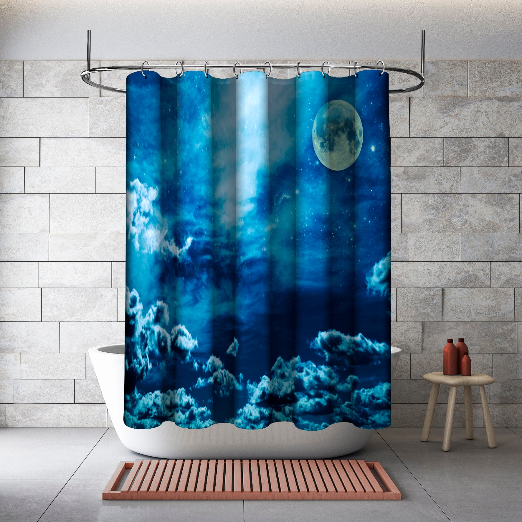 Magic Sky Stars and Moon Night Sky Landscape Showers Curtain for Dreamy Bathroom Decor