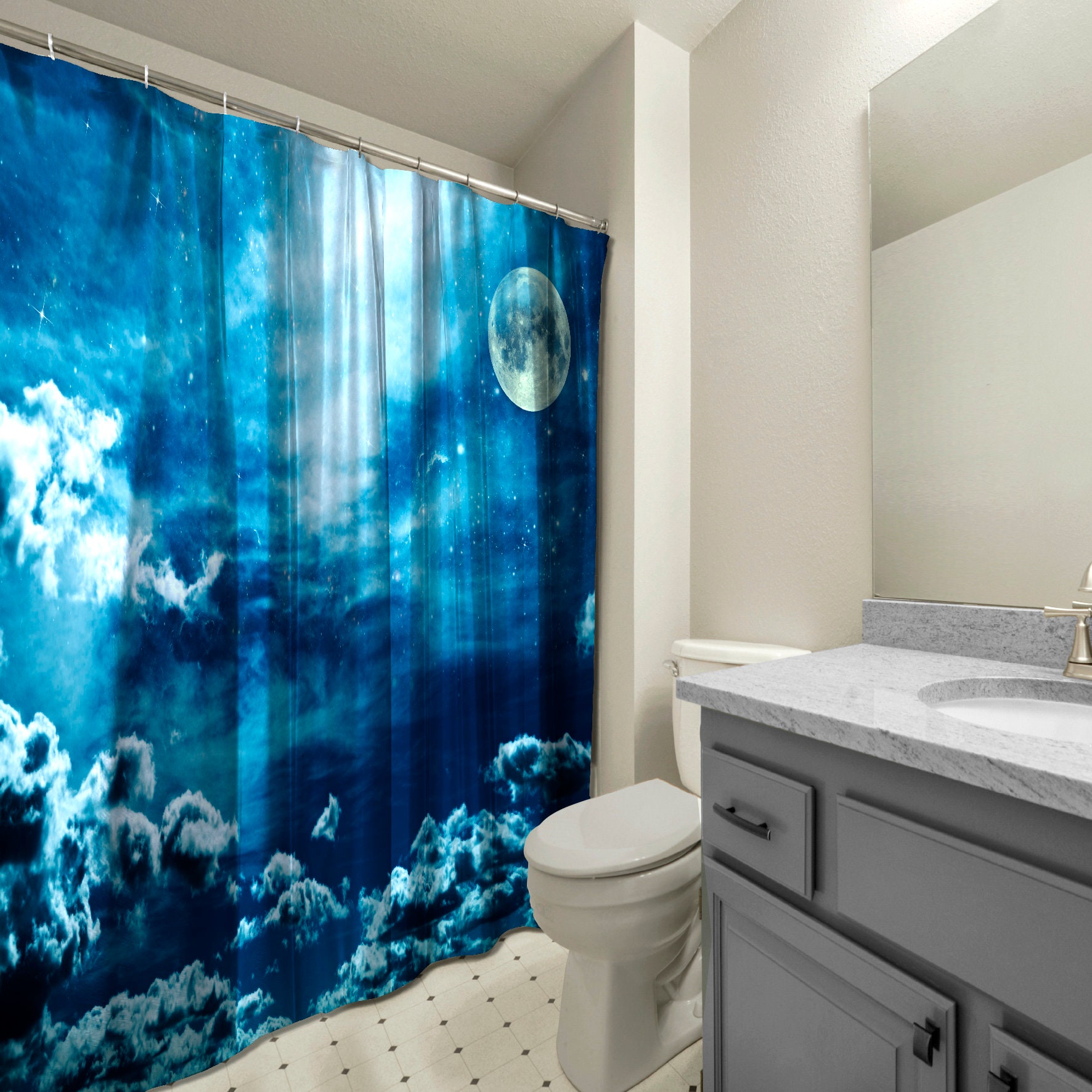 Magic Sky Stars and Moon Night Sky Landscape Showers Curtain for Dreamy Bathroom Decor